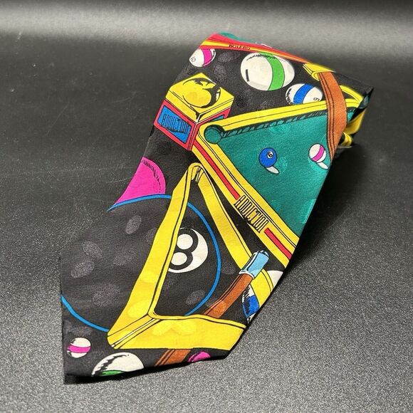 Mickey Inc. Tie Men's 60" Black Billyards Pool 100% Silk 4" Wide - Picture 1 of 6